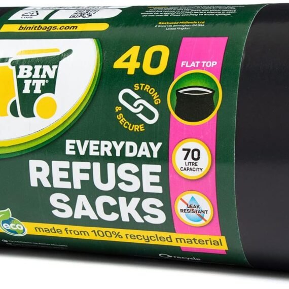 BIN IT 40 Everyday 70L Strong & Secure, Refuse Sacks, Bin Bags, Bin Liners, Flat Top, Recycled, Tear Resistant, 30 μm, Perfect for Everyday Use, Household, Office, Kitchen & Caterers