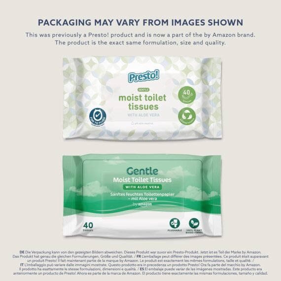 by Amazon Gentle Moist Toilet Tissues with Aloe Vera, Flushable, 240 Count (6 Packs of 40 sheets) (Previously Presto!)